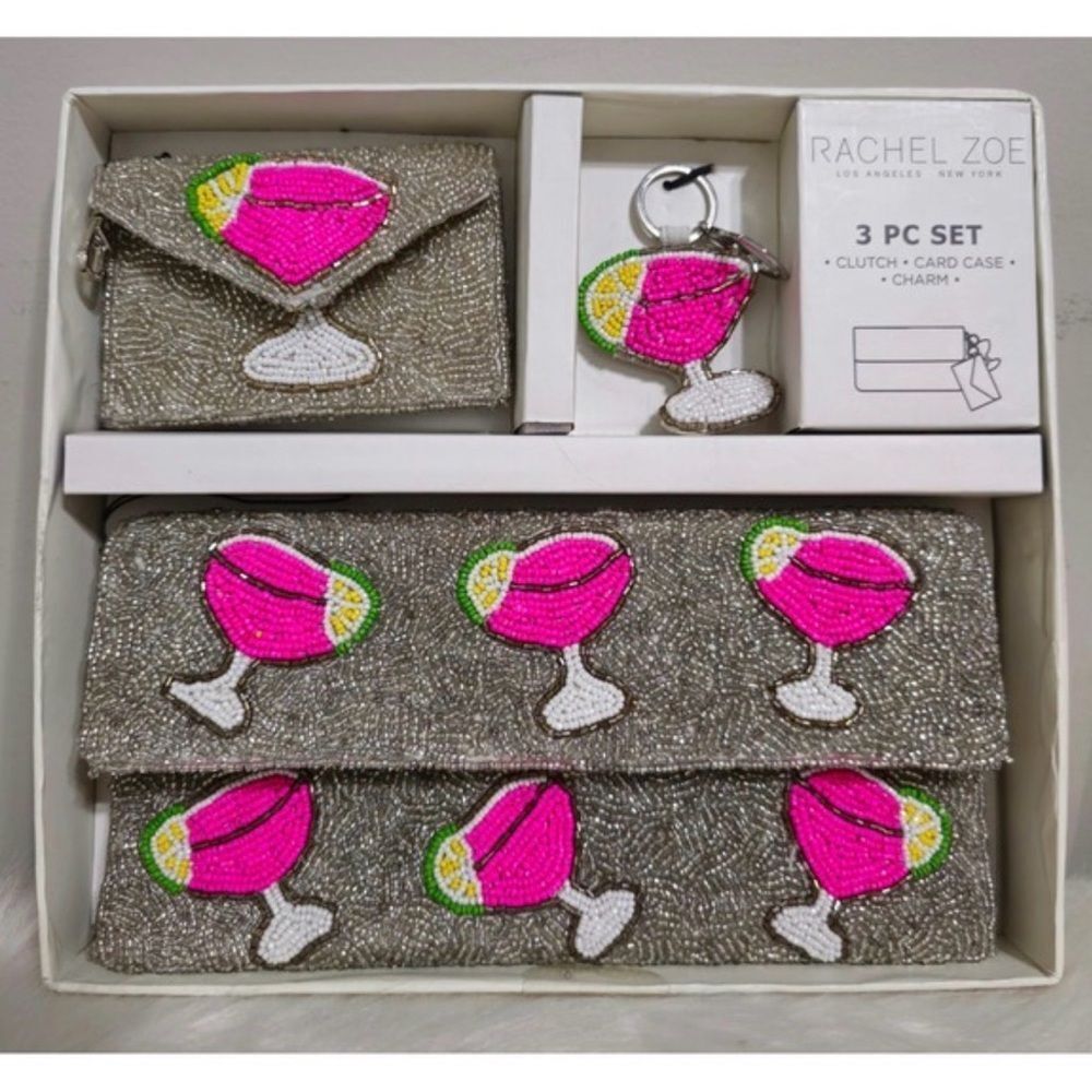 Rachel Zoe Silver and Pink glass Beaded 3 piece Clutch Set